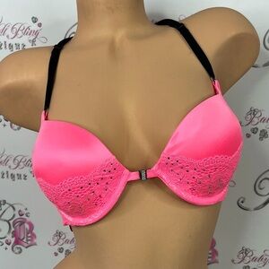 La SENZA bra rhinestone diamonds Hot Pink Lace Bra with Black Straps neon sexy